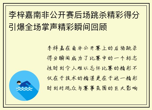 李梓嘉南非公开赛后场跳杀精彩得分引爆全场掌声精彩瞬间回顾