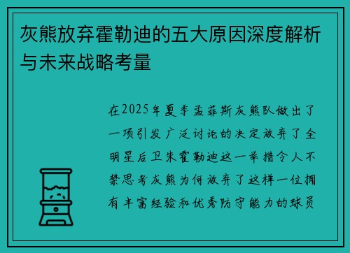 灰熊放弃霍勒迪的五大原因深度解析与未来战略考量 灰熊放弃霍勒迪的五大原因深度解析与未来战略考量